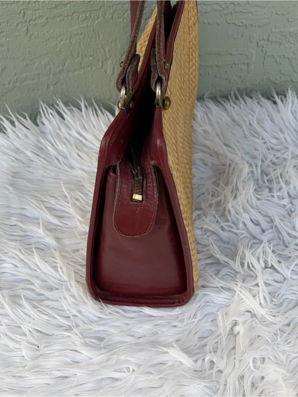 Vintage Etienne Aigner Natural Straw Shoulder Bag with Burgundy Trim - Picture 5 of 11